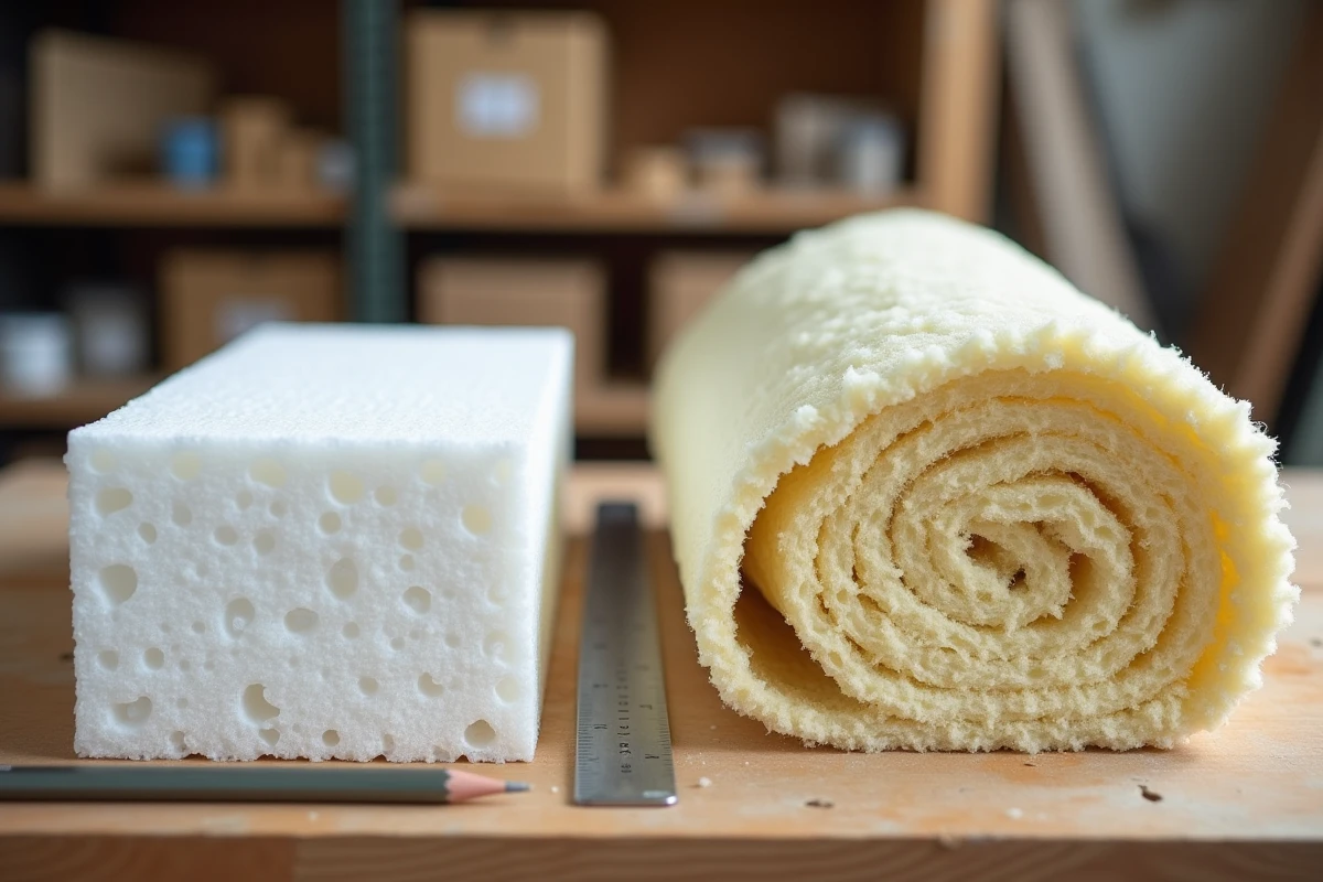 Comparaison côte à côte d'une plaque d'isolation en polystyrène rigide et d'un rouleau de laine minérale sur un établi de chantier