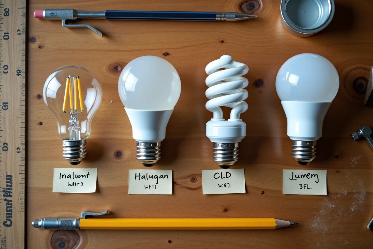 Comparatif de quatre types d'ampoules avec étiquettes lumens et watts sur table en bois