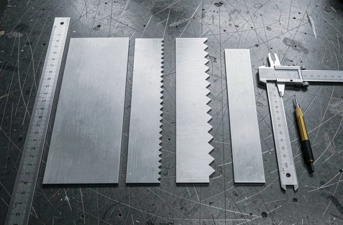 Vue aérienne comparative de différentes découpes de tôles en aluminium avec outils de mesure sur un établi professionnel