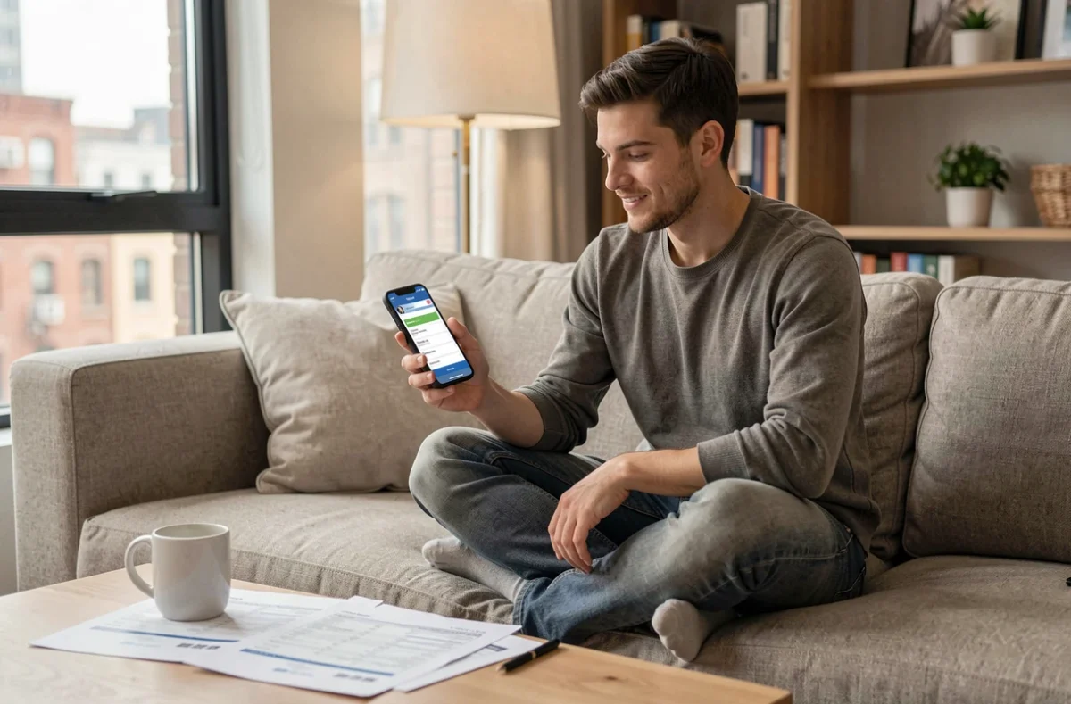 Jeune adulte comparant des devis de travaux sur smartphone dans un salon moderne