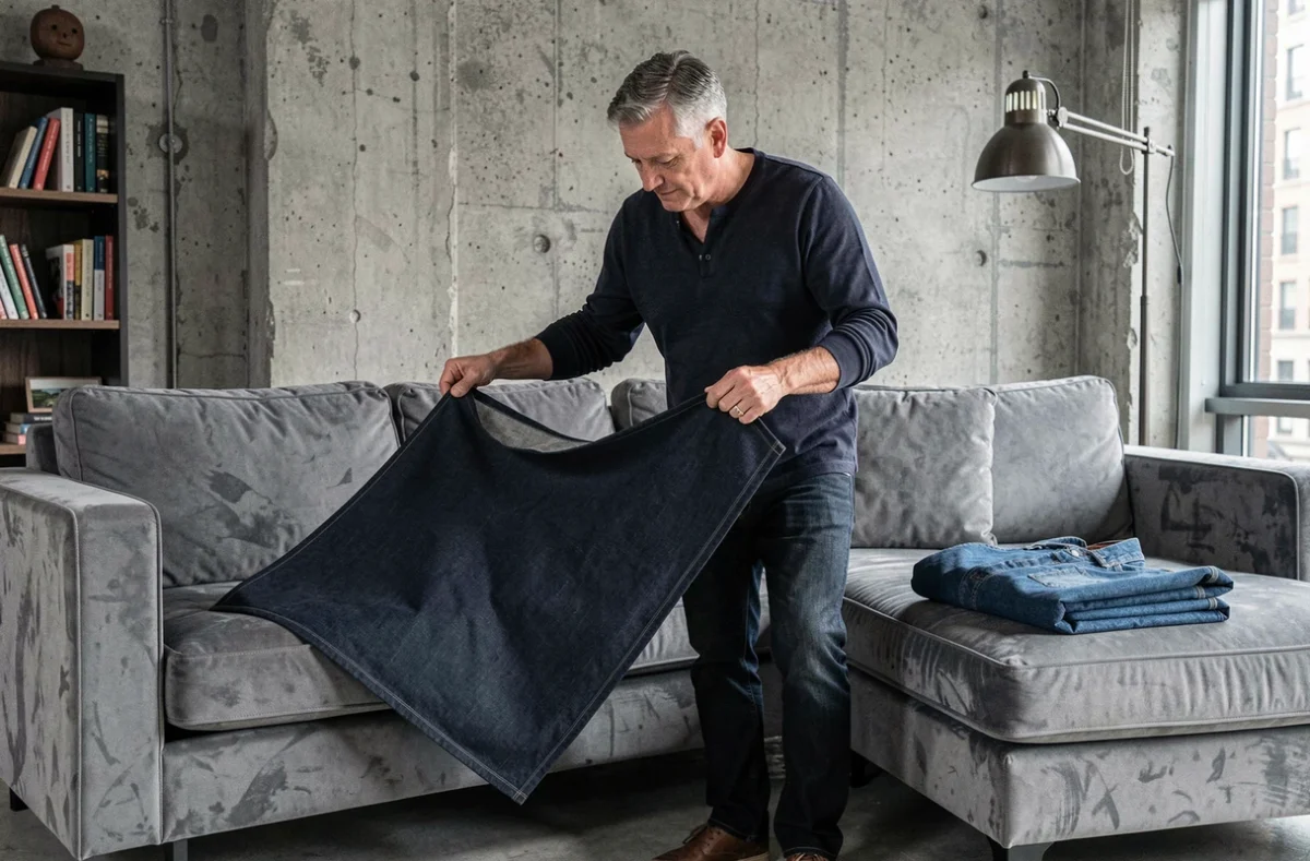 Homme comparant deux protège canapés d'angle sur un canapé velours gris dans un appartement moderne