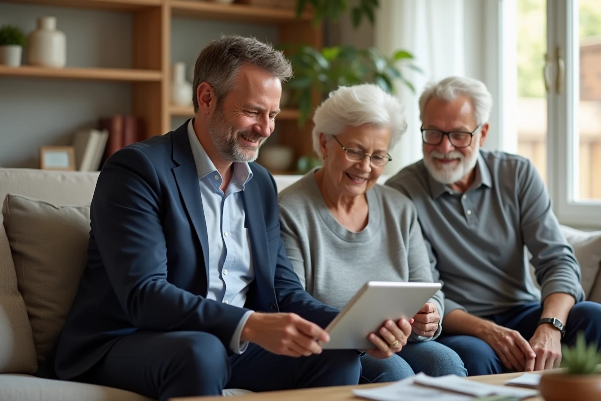 Conseiller immobilier montrant un projet à un couple âgé