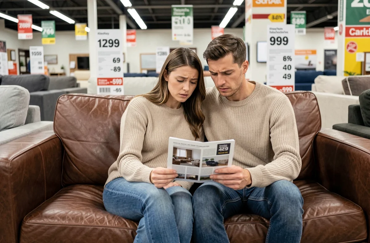 Couple lisant un catalogue de canapés dans un magasin Poltronesofa avant un achat réfléchi