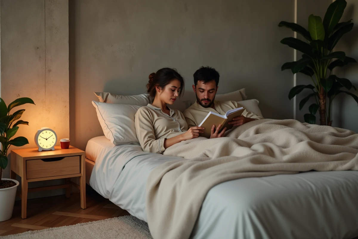 Couple dans une chambre contemporaine avec une lampe de réveil simulant l'aube posée sur la table de nuit partagée