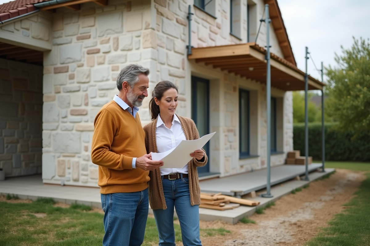 Couple français inspectant plans de construction devant maison