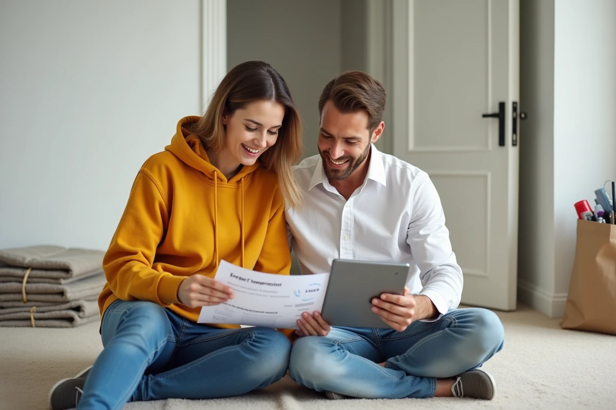 Couple comparant des factures et des offres de fournisseurs d'électricité sur tablette lors d'un déménagement dans un appartement vide