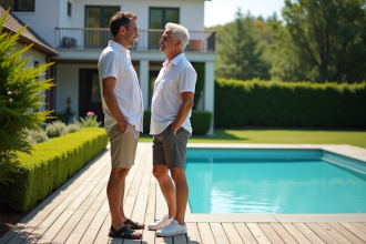 Couple discutant près de la piscine dans le jardin