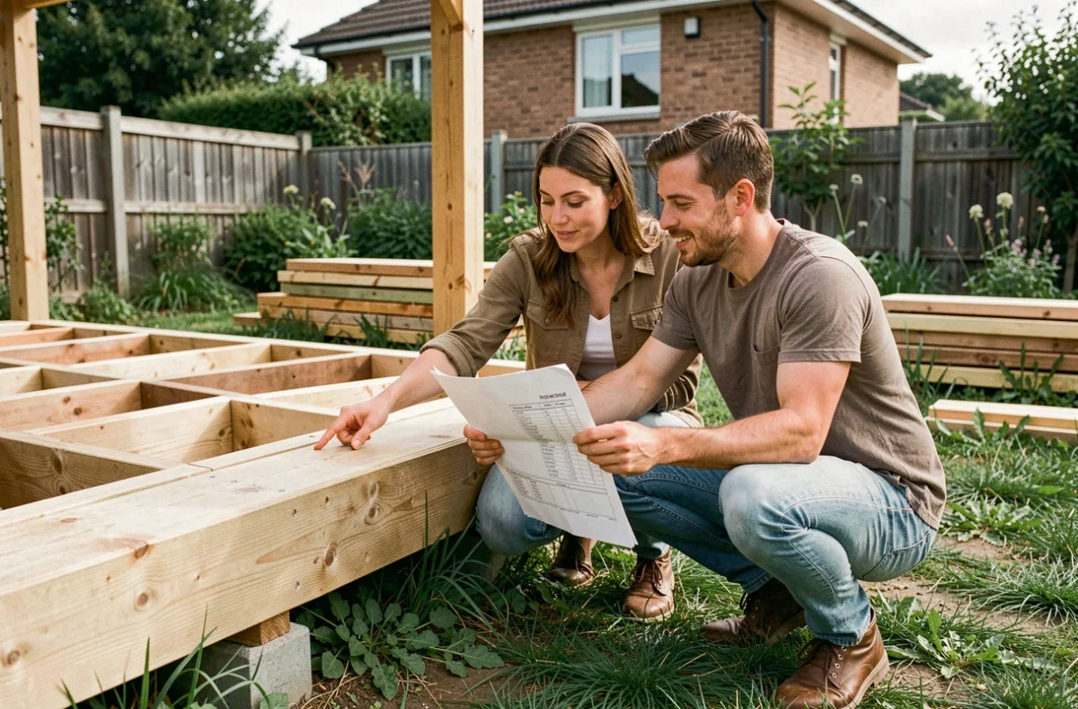 Couple examinant un devis de construction de terrasse dans leur jardin avec structure en bois en cours d'aménagement