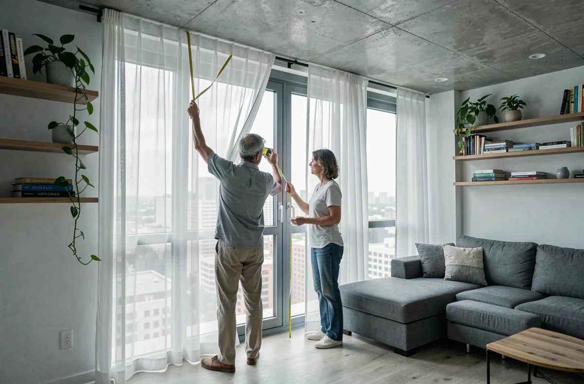 Couple mesurant une fenêtre pour poser des rideaux voilages blancs dans un salon moderne avec vue sur la ville