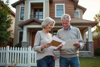 Couple regardant des échantillons de peinture devant leur maison rénovée