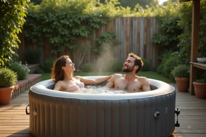 Couple se relaxant dans un spa gonflable installé sur une terrasse en bois entourée d'un jardin verdoyant