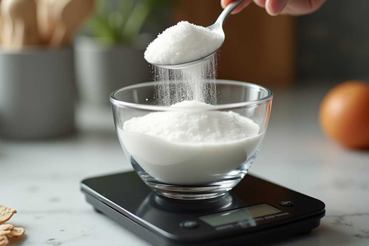 Cuillère en acier versant du sucre dans un bol sur balance de cuisine