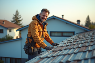 Ouvrier couvreur sur le toit inspectant des tuiles modernes