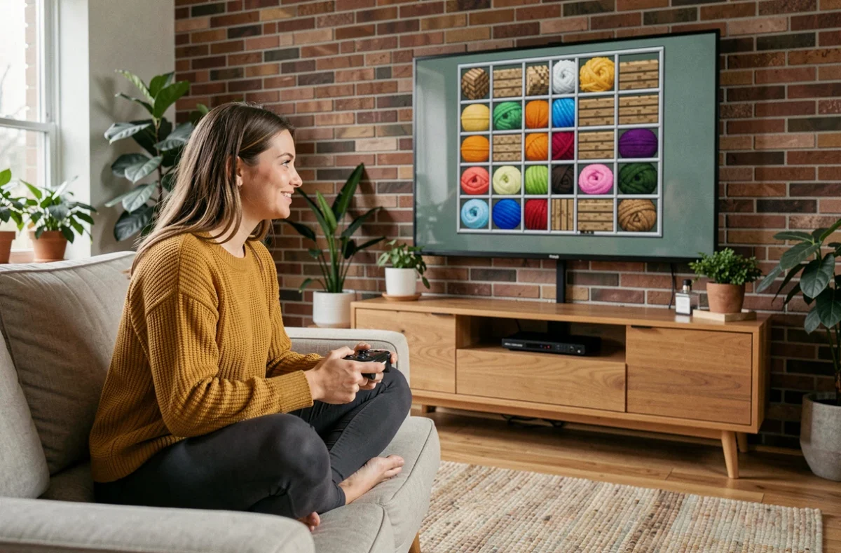 Jeune femme craftant un lit dans Minecraft sur console depuis son canapé avec laine colorée dans l'interface