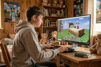 Adolescent jouant à Minecraft sur ordinateur avec une interface de craft de lit coloré visible à l'écran