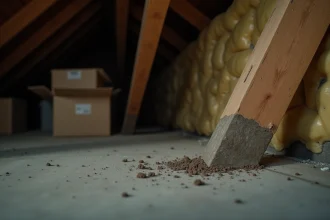 Crottes de fouine dans un grenier sur une poutre en bois entourée de vieux cartons et isolants poussiéreux