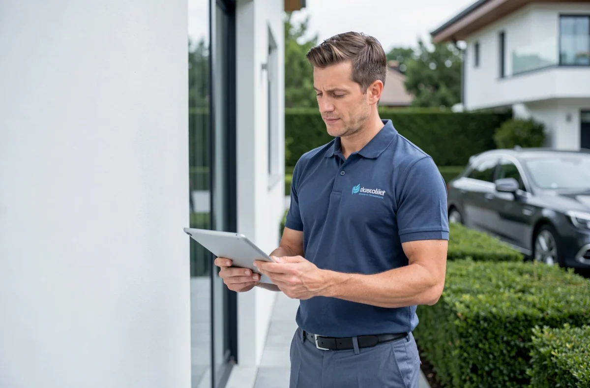 Consultant David Davitec inspectant la façade impeccable d'une propriété haut de gamme rénovée