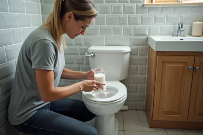 Femme utilisant du vinaigre blanc et du bicarbonate de soude pour déboucher un sanibroyeur dans une salle de bain domestique