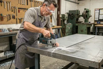 Artisan utilisant une scie sauteuse pour découper une tôle en aluminium avec précision dans un atelier métallurgique
