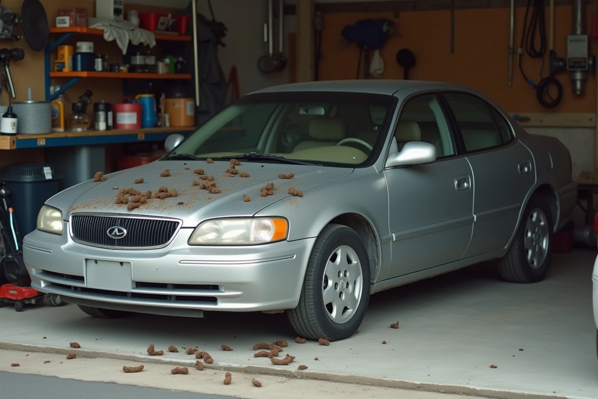 Déjections de fouine sur le capot d'une voiture dans un garage résidentiel avec établi et outils en arrière-plan