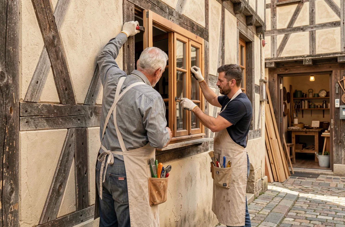 Deux menuisiers artisans de Delaunay Père et Fils posant une fenêtre en bois sur une maison à colombages à Rouen