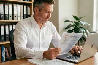 Homme consultant des devis de travaux sur ordinateur portable dans un bureau à domicile