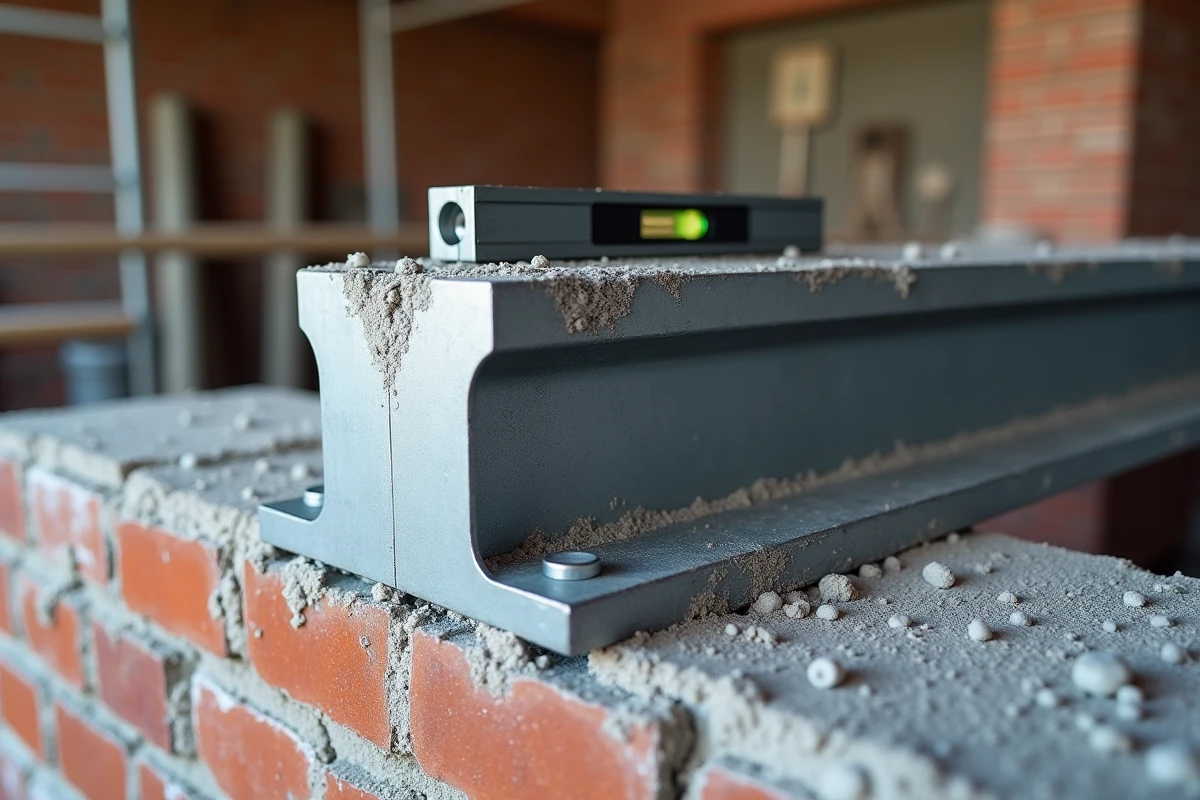 Détail technique de l'appui d'un IPN métallique sur un mur porteur avec platine d'ancrage et mortier de scellement