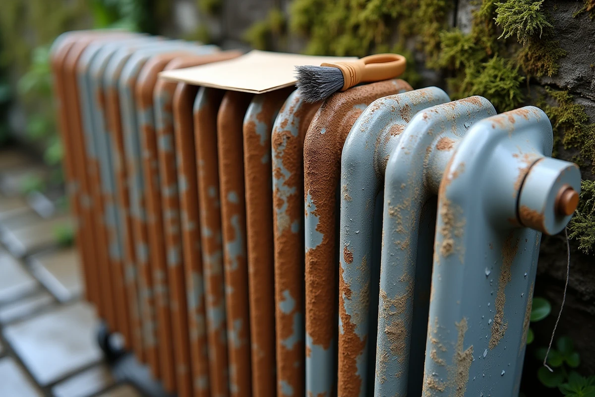 Gros plan sur un radiateur extérieur avec différentes étapes de décapage : rouille, métal nu et primaire gris