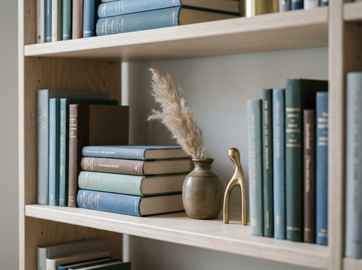 Détail de bibliothèque scandinave stylisée avec livres, céramique et herbes séchées sur étagère en bouleau