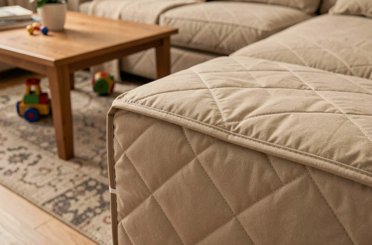 Détail du coin d'un protège canapé d'angle imperméable matelassé beige avec sangles élastiques