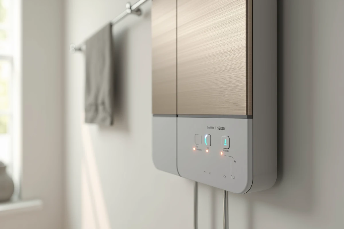 Détail des boutons de réglage et du soufflant intégré d'un sèche-serviette électrique double fonction
