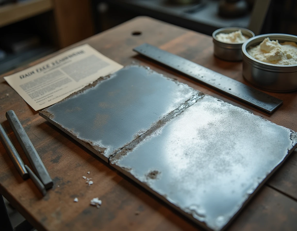 Détail d'une soudure sur zinc avec document de normes bâtiment et outils de plomberie sur établi d'atelier