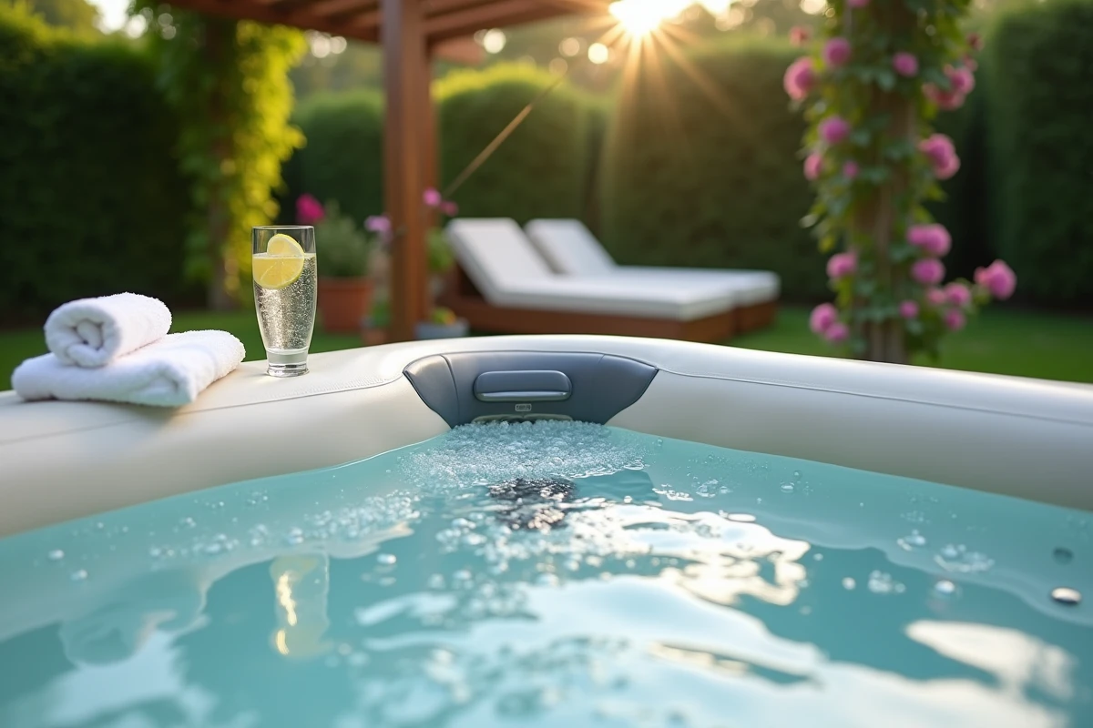 Détail d'un spa gonflable avec jets et accessoires bien-être dans un jardin avec pergola