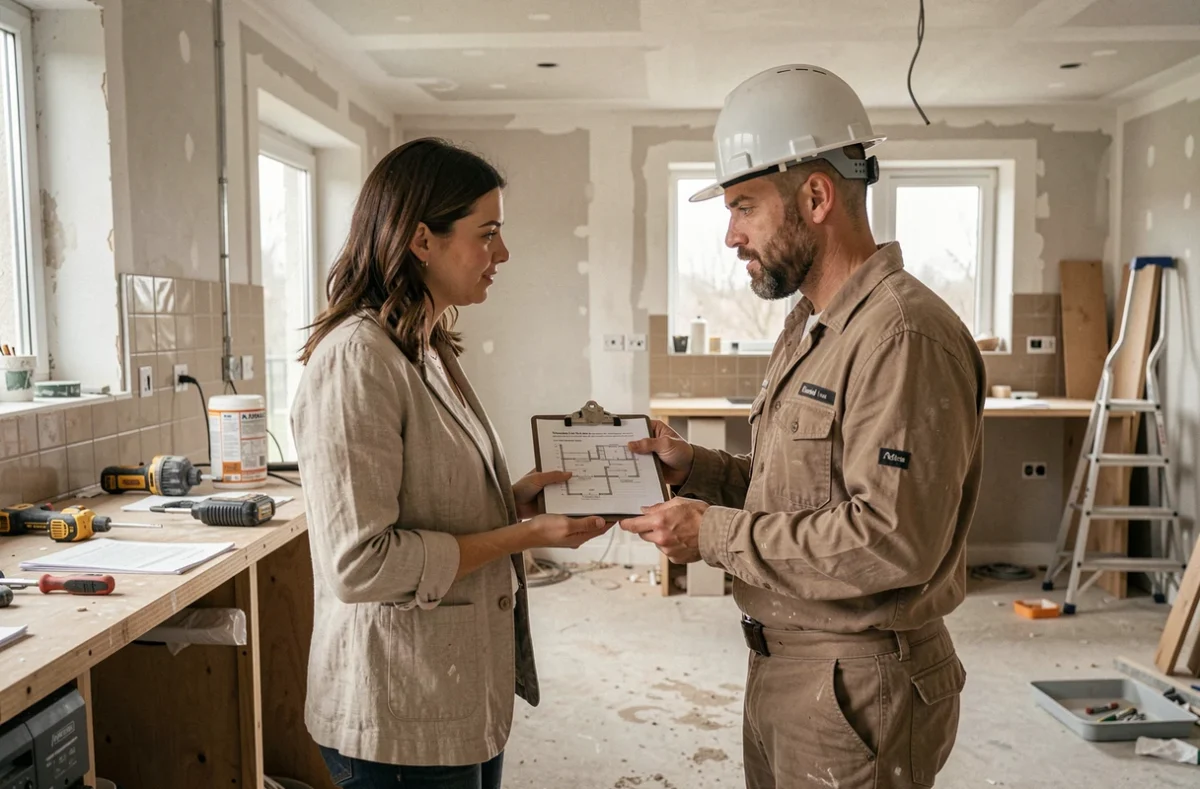 Femme discutant d'un devis de rénovation cuisine avec un artisan sur chantier