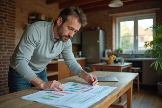 Propriétaire consultant un diagnostic de performance énergétique sur une table en bois lors d'une rénovation globale
