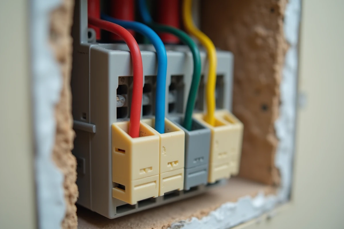 Gros plan sur des dominos électriques connectant des fils colorés dans une boîte de dérivation murale