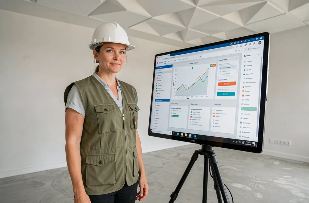 Une cheffe de projet de DOPLAN supervise la planification d'une rénovation intérieure dans un appartement moderne en Isère avec une tablette numérique
