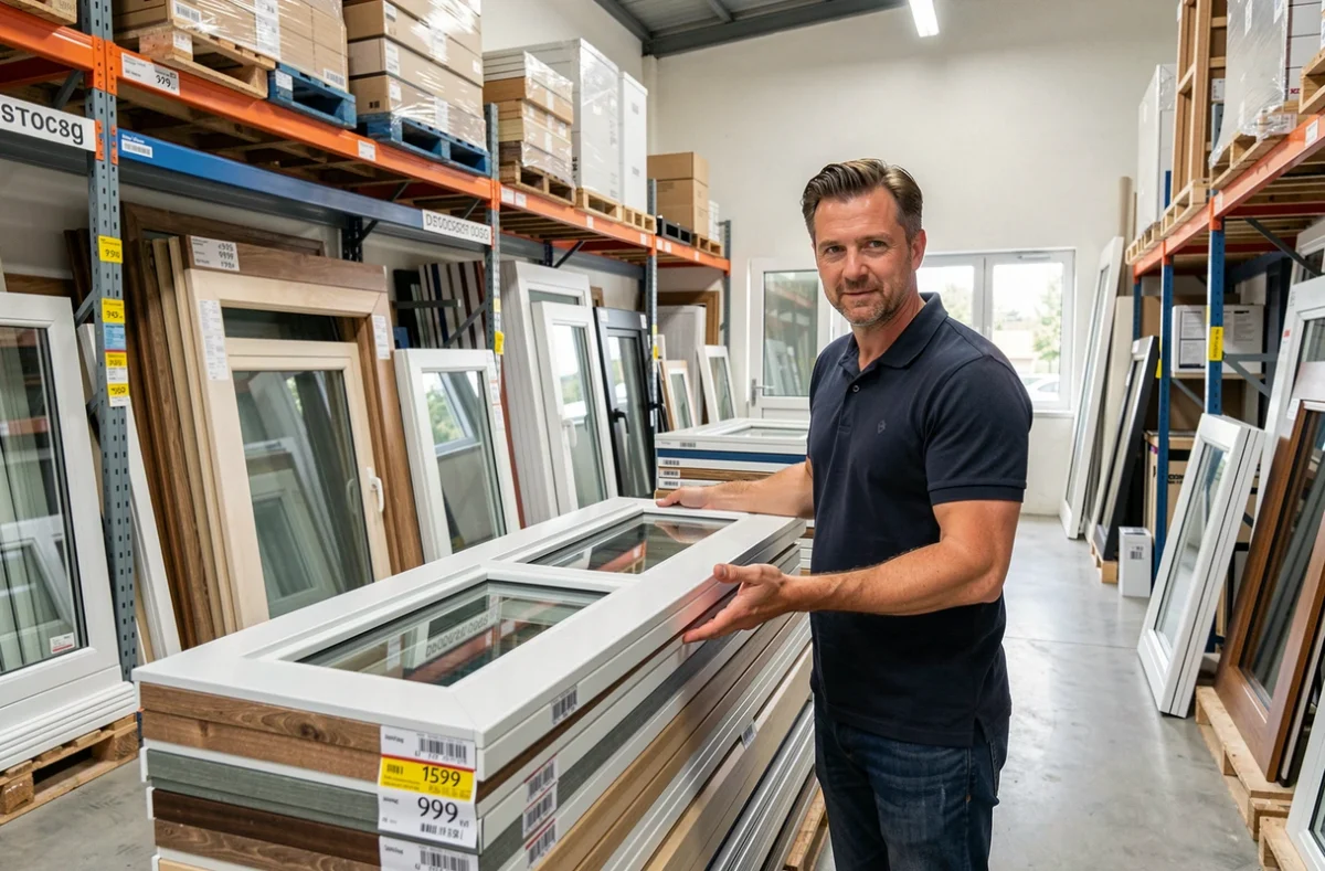 Vendeur de DP Menuiserie présentant des menuiseries extérieures en déstockage dans un entrepôt showroom