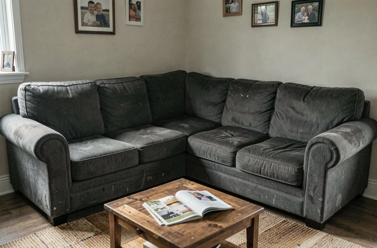 Canapé d'angle gris usé après plusieurs années d'utilisation quotidienne dans un salon familial