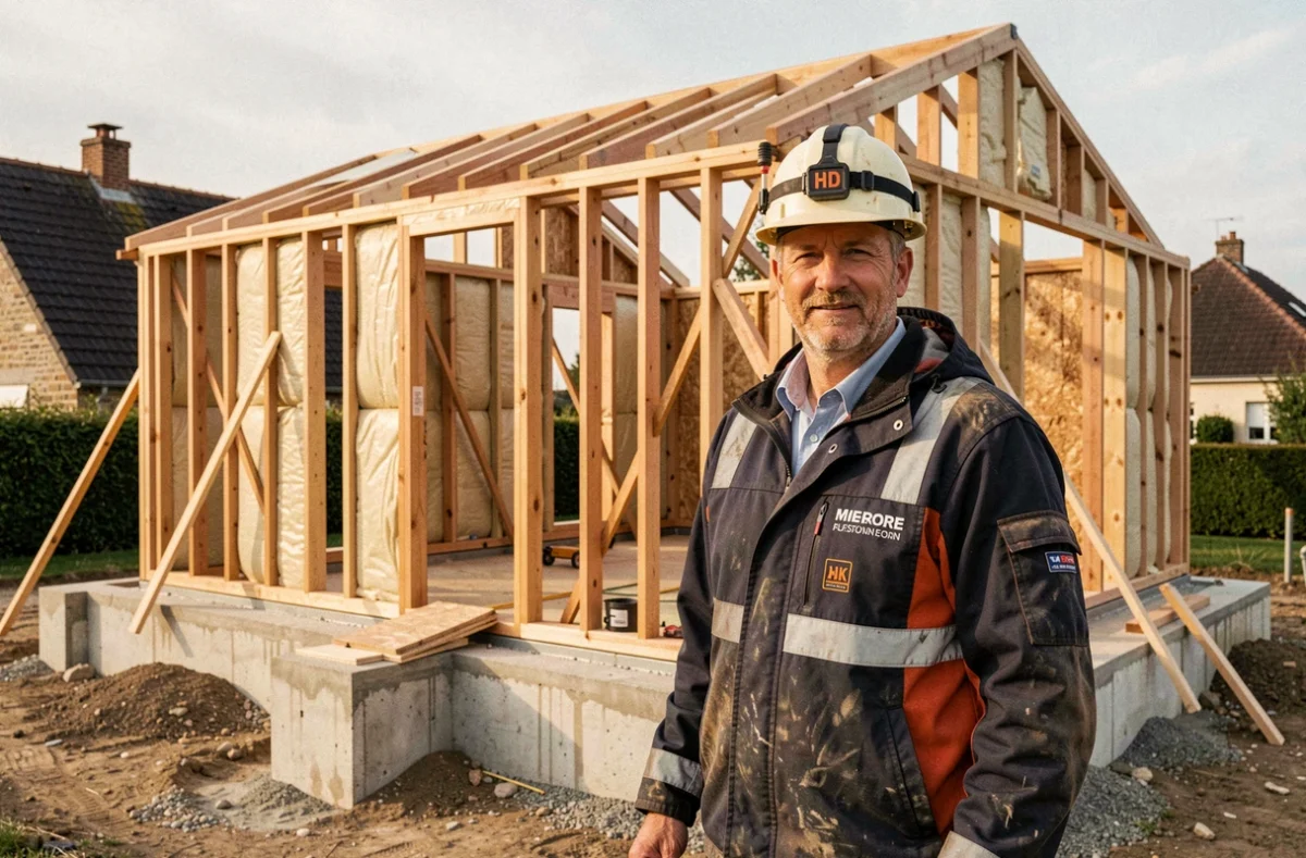Chef de projet EC Constructeur devant une maison à ossature bois en construction dans un quartier résidentiel de l'Eure