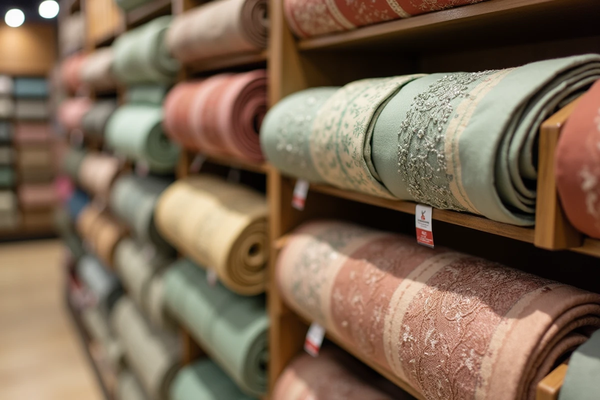 Gros plan sur des échantillons de tissus et bordures décoratives exposés chez 4 Murs Chambéry