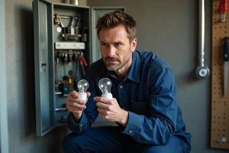 Électricien comparant une ampoule incandescente et une ampoule LED en termes de lumens et de watts