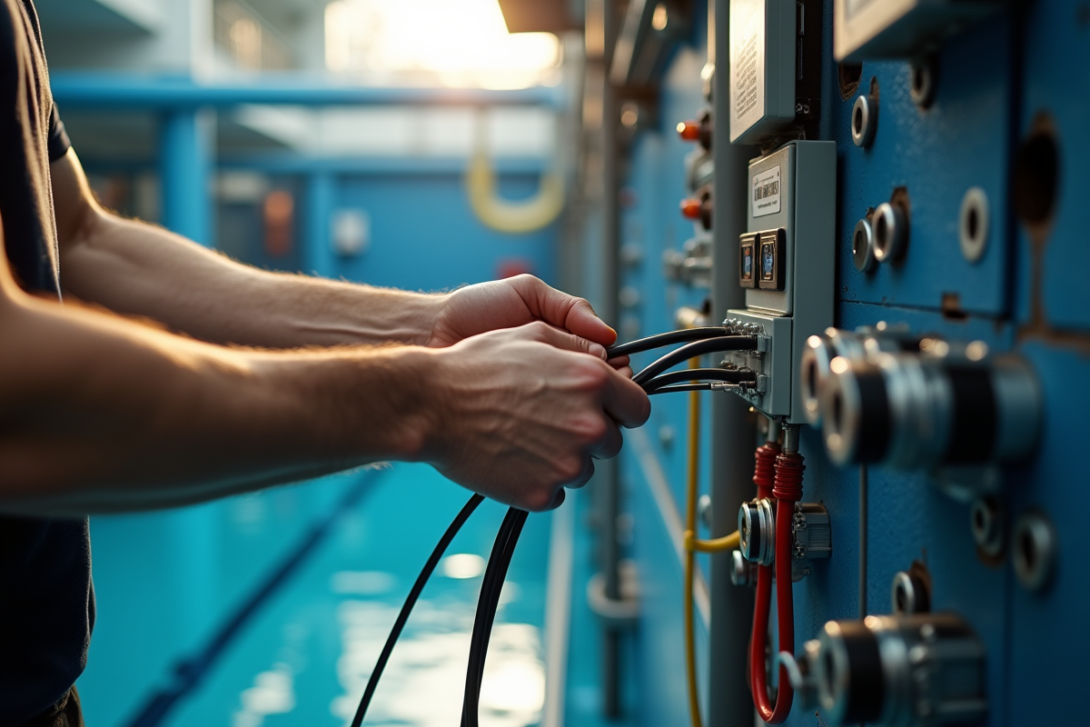 Electricien connectant un cable dans une salle piscine