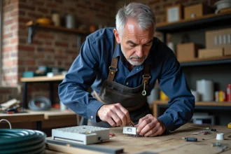 Électricien utilisant un domino électrique pour connecter des fils dans un atelier de rénovation
