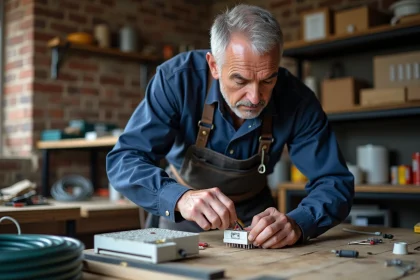 Électricien utilisant un domino électrique pour connecter des fils dans un atelier de rénovation