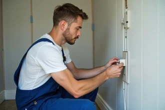 Électricien homme posant une prise électrique dans une maison moderne