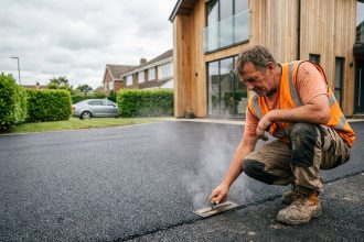 Pose d'enrobé à chaud sur une allée de maison individuelle par un professionnel en gilet de sécurité