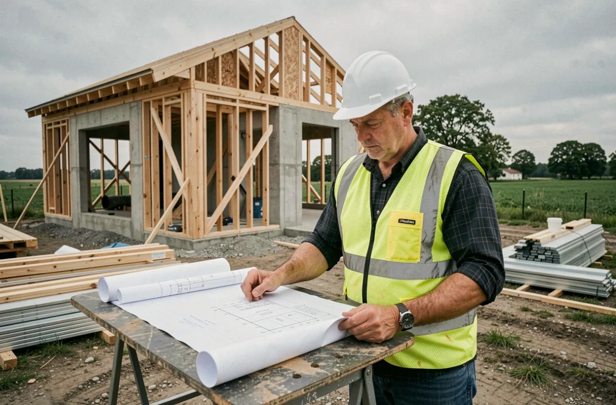 Chef de chantier de l'entreprise Bruno Simon étudiant des plans de construction devant un bâtiment en rénovation en Normandie