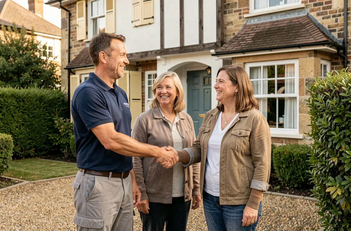 Entrepreneur de L'entre-prise Godfroy serrant la main de clients satisfaits devant une maison normande rénovée