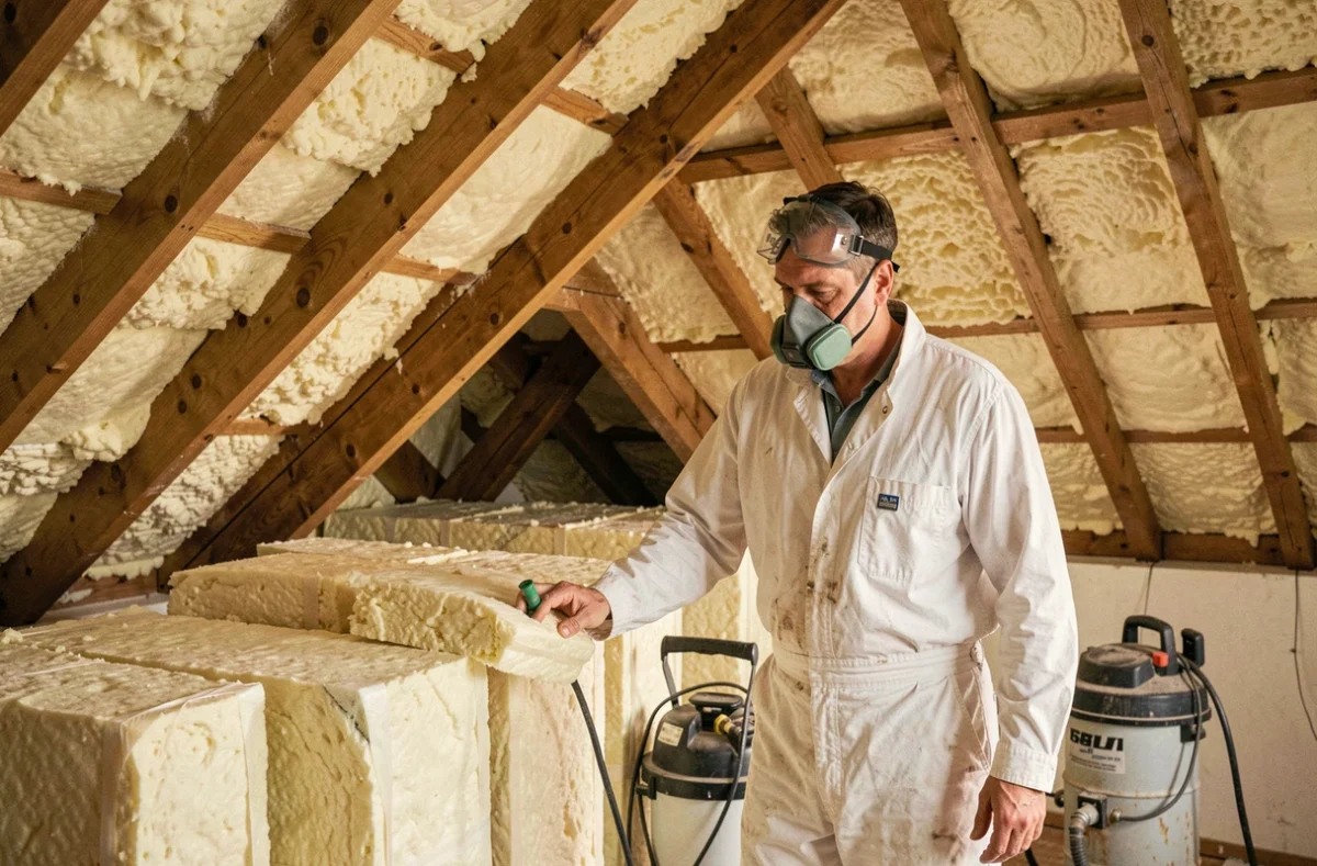 Spécialiste de l'isolation de l'Entreprise Isolation Évreux réseau Plus que pro inspectant une isolation thermique en combles de maison normande